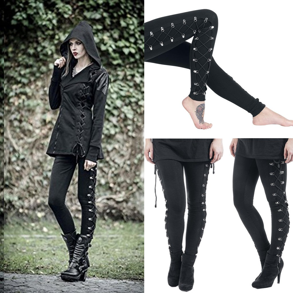 Gothic Lace Up Leggings Sexy Hollow Out Black Trousers Street Fashion Women's Pants High Waist Skinny Leggins Party Club Clothes