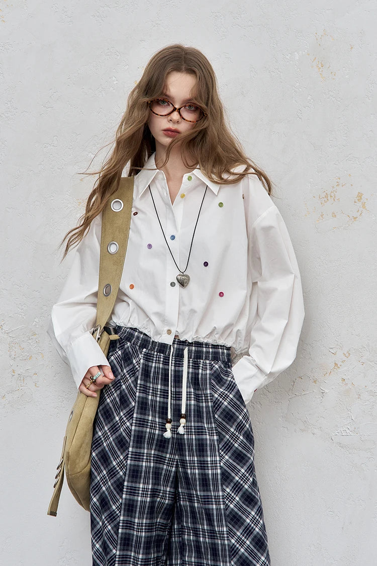 ELFSACK 2025 Autumn New Arrival Casual Loose Solid Dot Print Full Sleeve Shirt For Woman