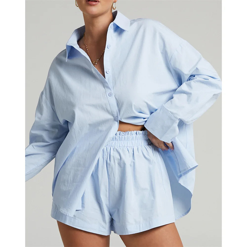 Women Tracksuits Shirt With Mini Shorts Cotton Two Pieces Sets Fashion Clothing Outfits Women Blouses Fashion Tracksuits