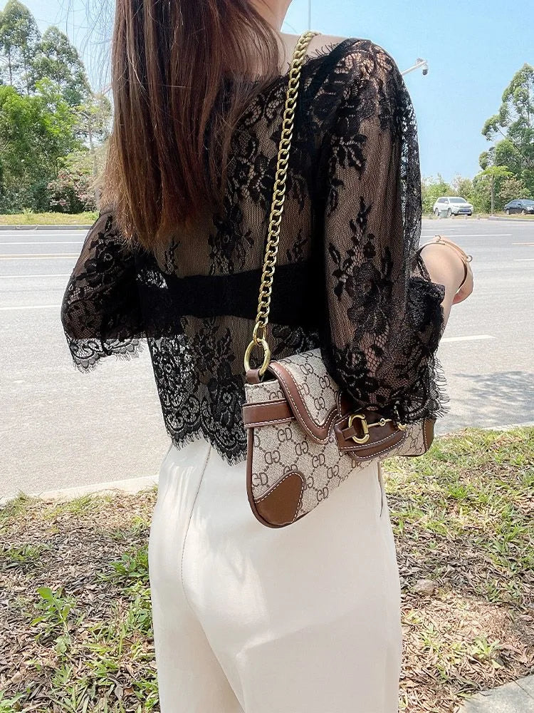 Summer Women Lace Floral Embroidery Blouses Shirt Ladies Tops Sexy Mesh Blouses Transparent Elegant See-through Black Shirt