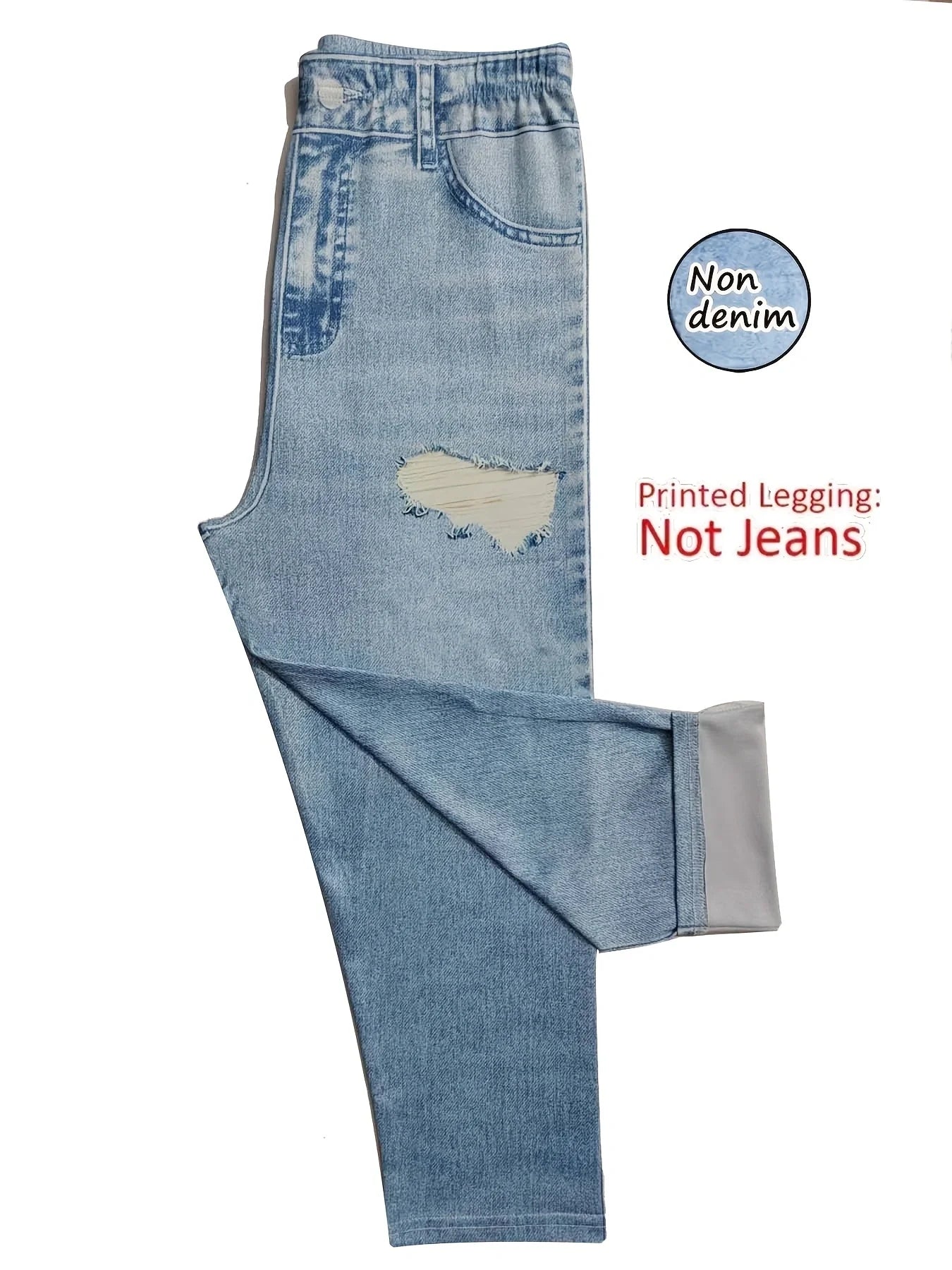 Non-Denim Women's Imitation Denim Printed Capri Leggings, Soft Breathable Slim Fit 7/8 Pants, Casual Sports Yoga Beach Vacation