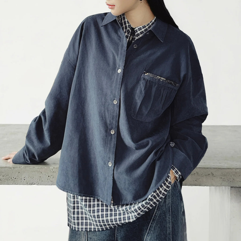 Maden Women’s Boro Vintage Long Sleeve Shirt Jacket Loose Fit Lapel Single Breasted Casual Spring Outerwear Dark Blue TOP