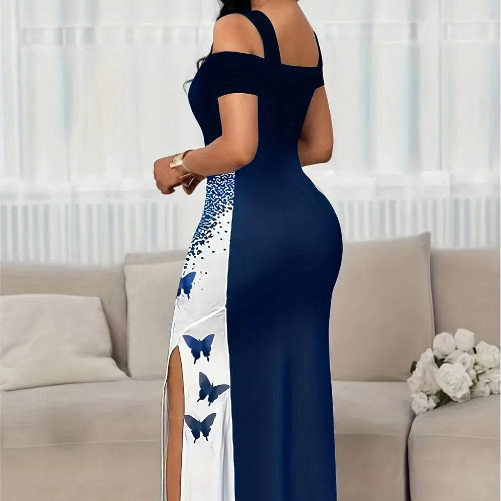 Summer Long Dress Elegant Fashionable Slim-fitting Printed Commuting Style V-neck Off-shoulder Slit Mid-waist Sleeveless Dresses