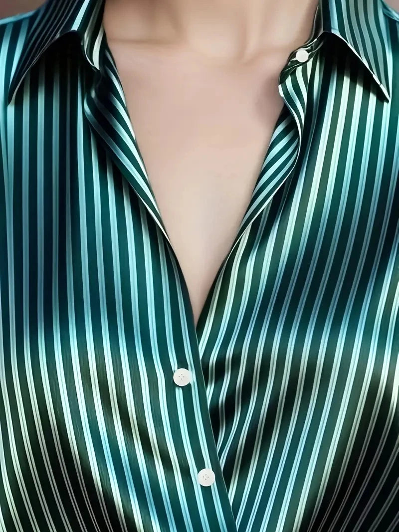 Elegant Satin Striped Long Sleeve Button Down Shirt for Women Vintage Style Office Wear Top