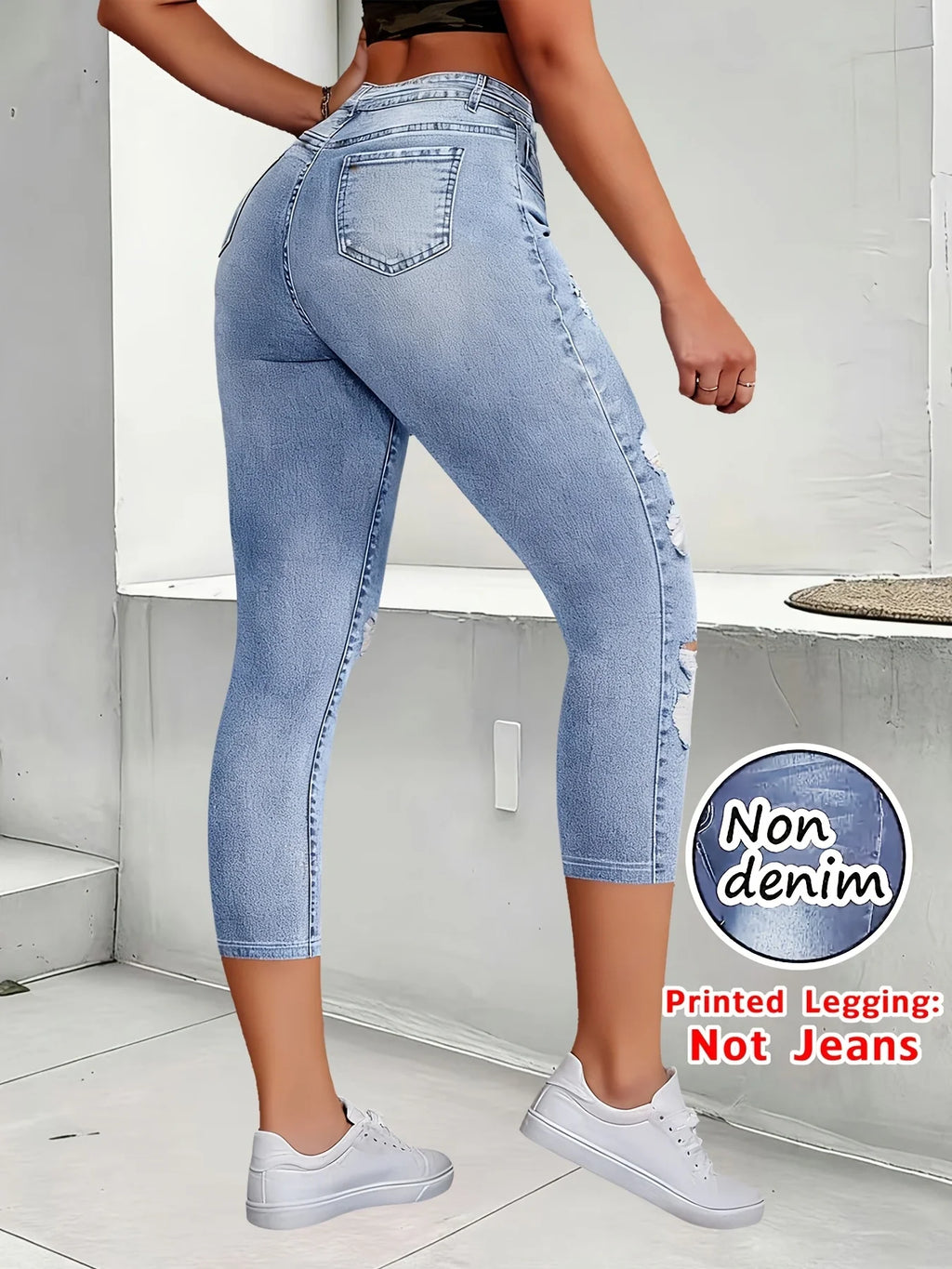 Non-Denim Women's Imitation Denim Printed Capri Leggings, Soft Breathable Slim Fit 7/8 Pants, Casual Sports Yoga Beach Vacation