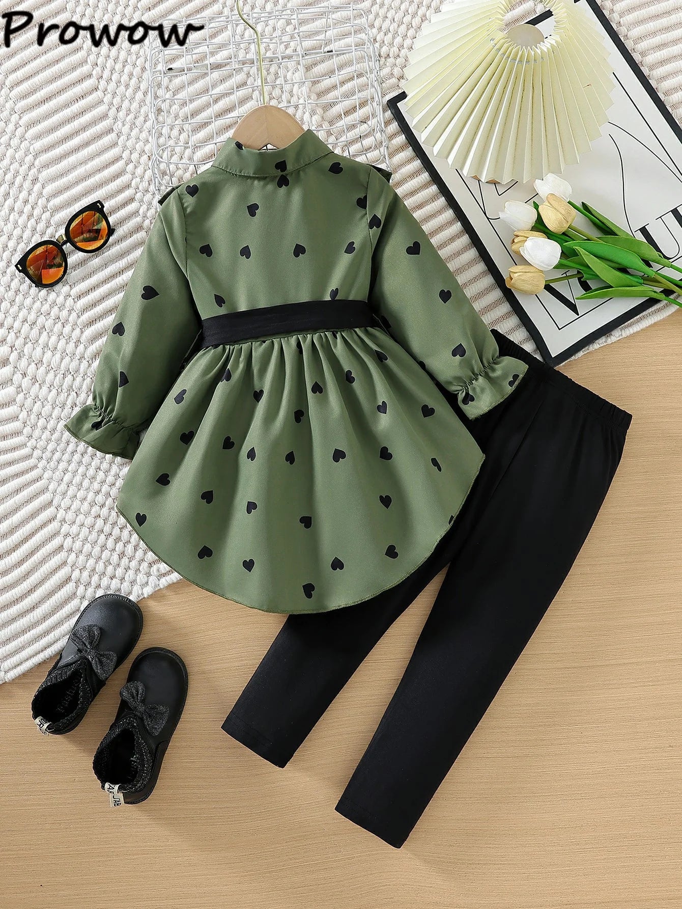 Prowow Kids Clothes Girls Outfit Sets 2024 Fall Winter Irregular Heart Printed Belted Blouse and Pants 3pcs Sets For Children