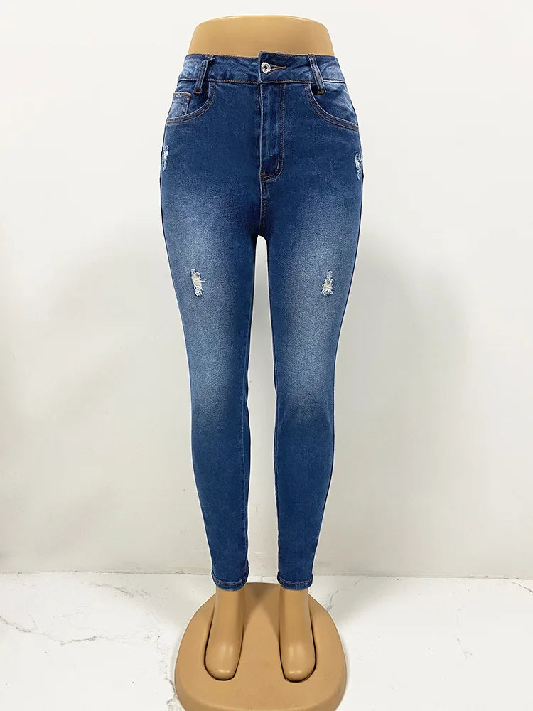 2026 Jeans Pencil Pants Women Denim Stretch High Waist Skinny Distressed Ripped Washed Pocket Button Vintage Trousers Streetwear