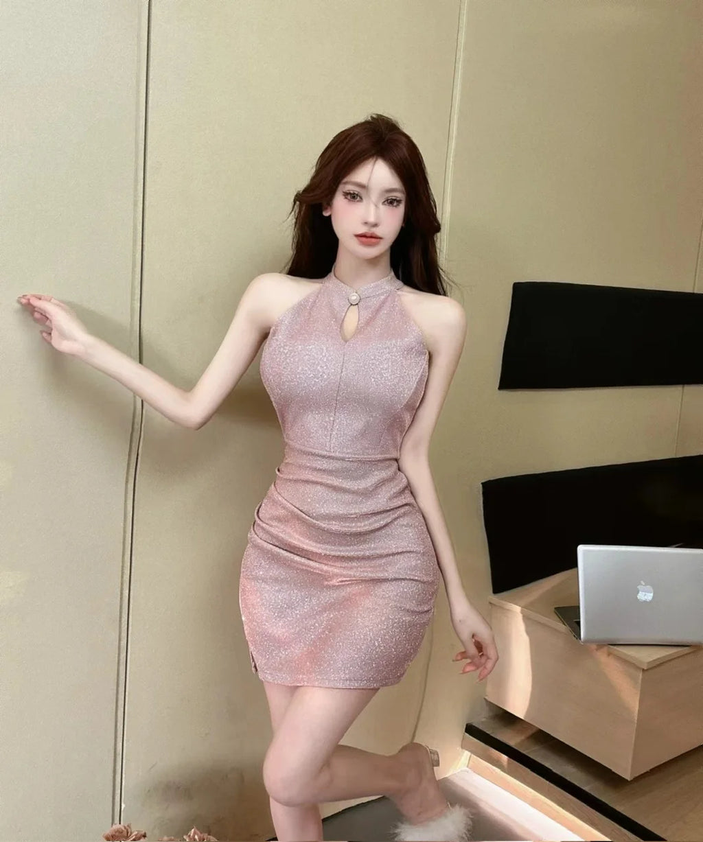 Jielur Purple Sexy Chain Tight Hip Chic Female Dresses Solid Color Hollow Out Sleeveless Y2k Fashion Women's Dress Party Club
