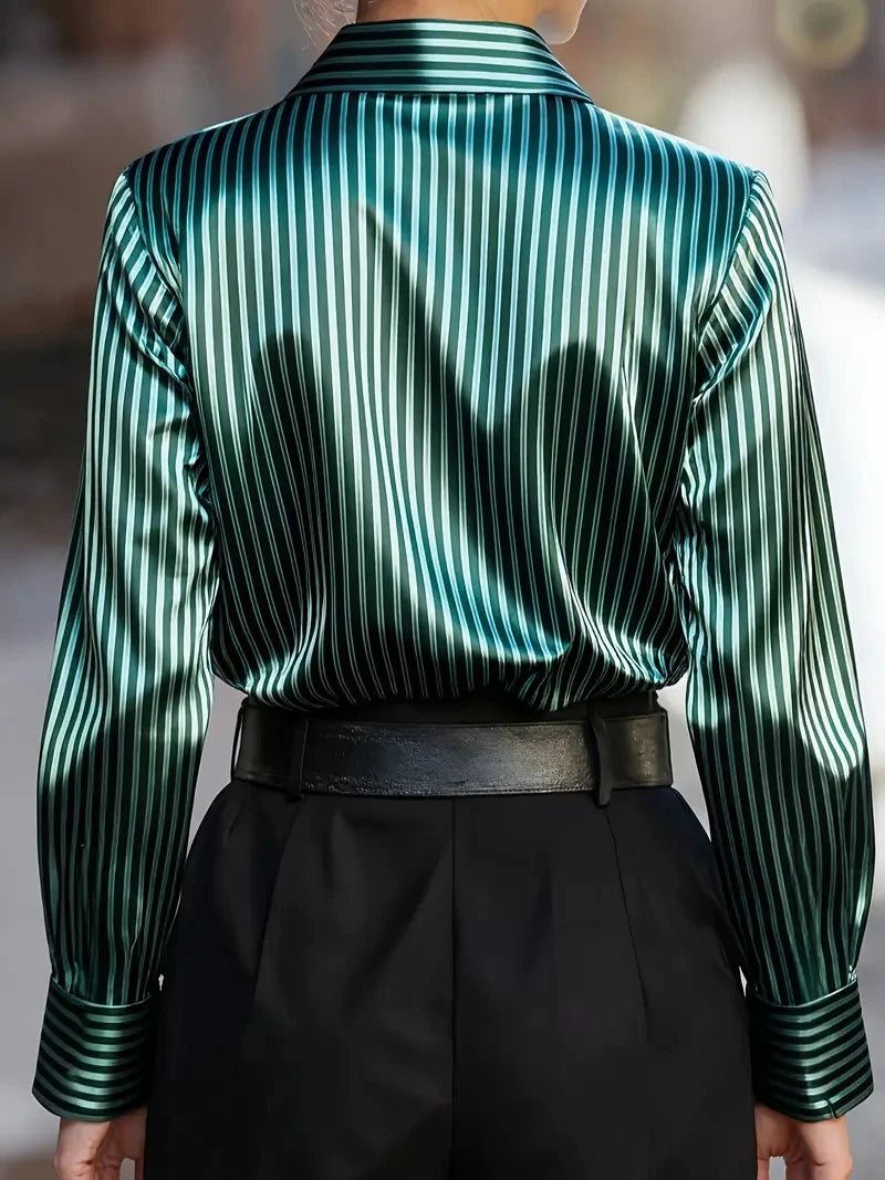 Elegant Satin Striped Long Sleeve Button Down Shirt for Women Vintage Style Office Wear Top