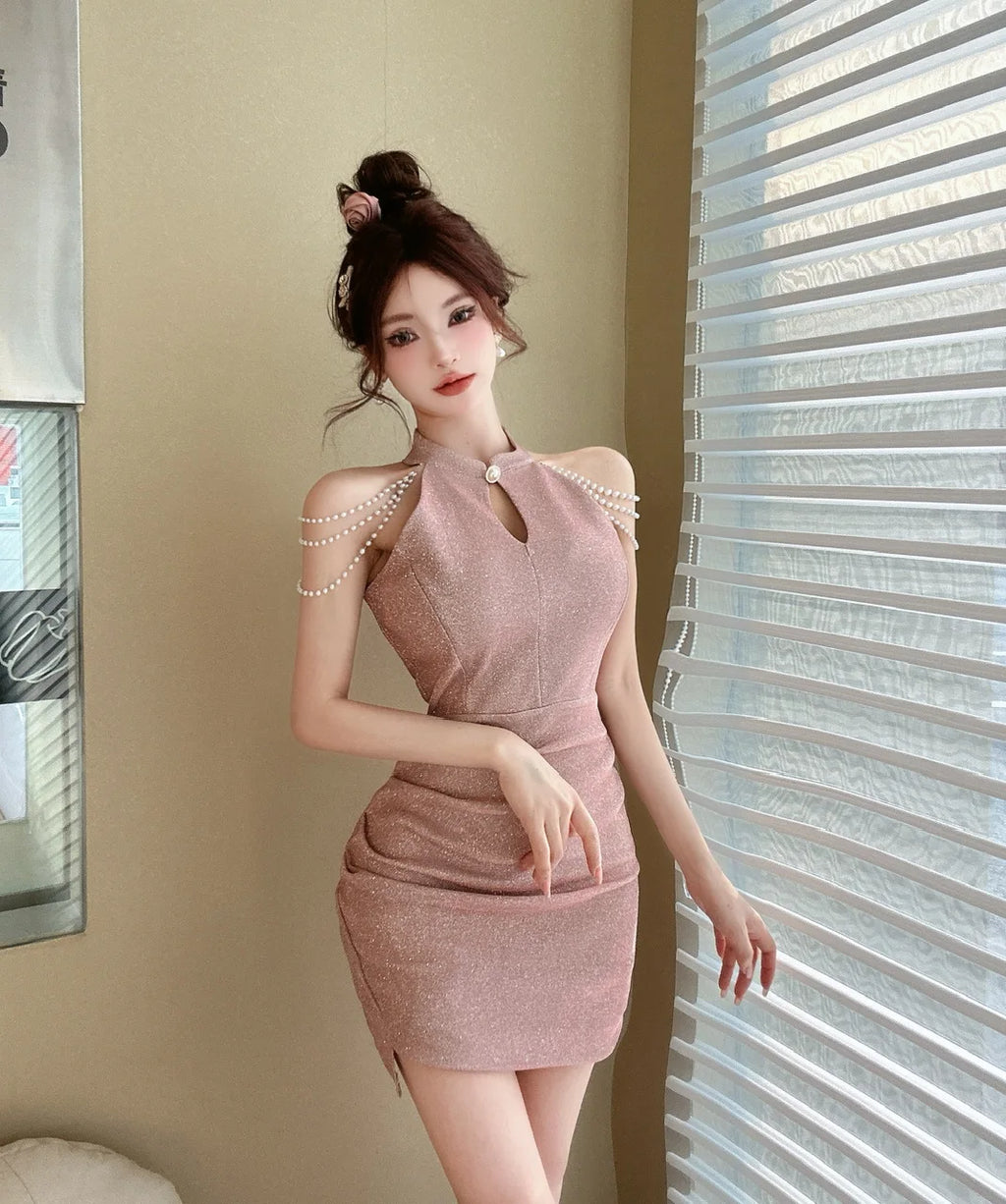 Jielur Purple Sexy Chain Tight Hip Chic Female Dresses Solid Color Hollow Out Sleeveless Y2k Fashion Women's Dress Party Club