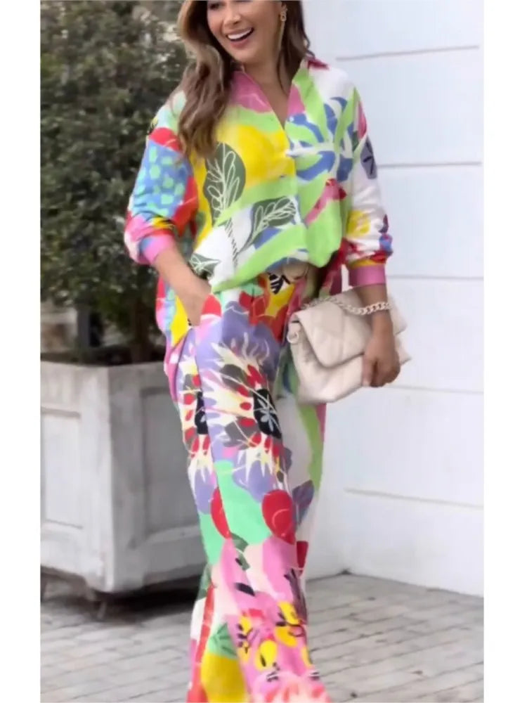 Fashion Color Print Two Piece Set Women Trendy Loose Long Sleeve Shirts Wide Legs Trousers 2 Piece Set Female Commuting Suits
