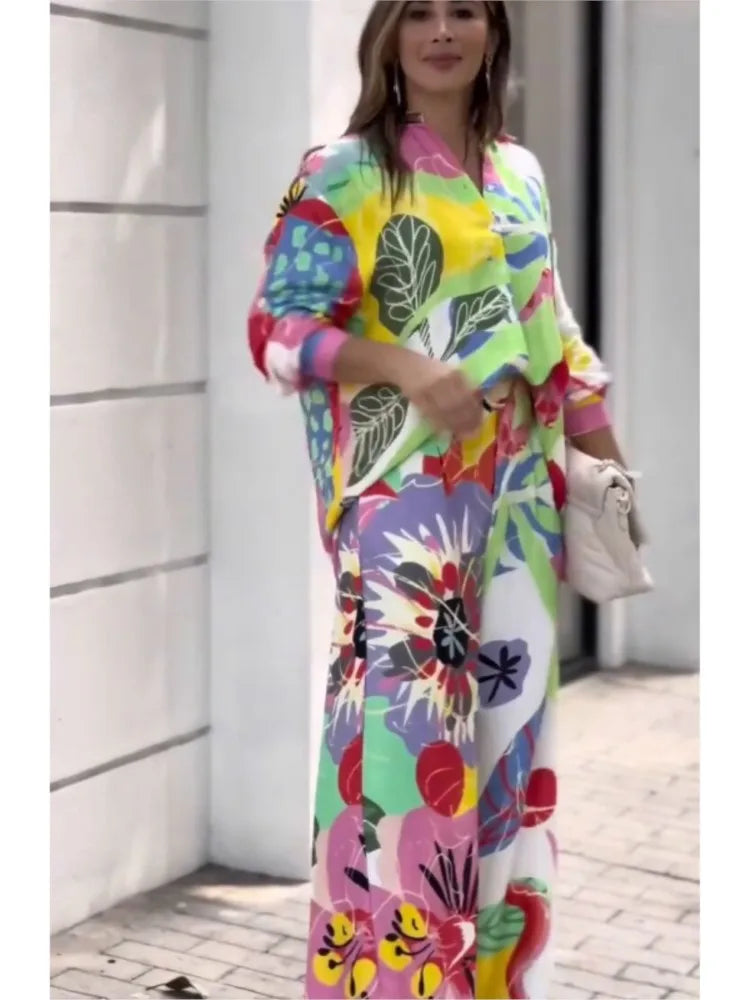 Fashion Color Print Two Piece Set Women Trendy Loose Long Sleeve Shirts Wide Legs Trousers 2 Piece Set Female Commuting Suits