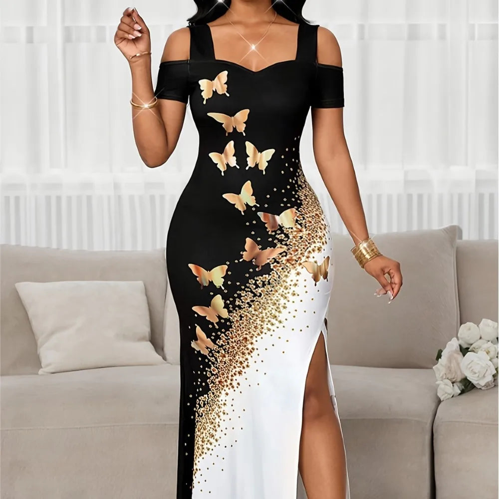 Summer Long Dress Elegant Fashionable Slim-fitting Printed Commuting Style V-neck Off-shoulder Slit Mid-waist Sleeveless Dresses
