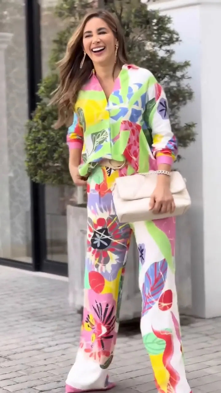 Fashion Color Print Two Piece Set Women Trendy Loose Long Sleeve Shirts Wide Legs Trousers 2 Piece Set Female Commuting Suits