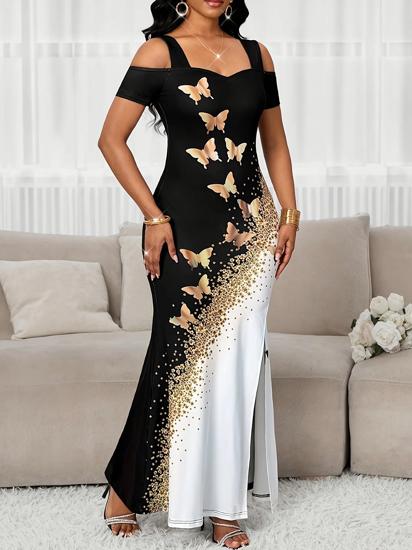 Slit Dress Vestidos Dresses 2025 Woman Women's Clothing Butterfly Printed Contrast Off Shoulder Sleeveless Elegant Temperament
