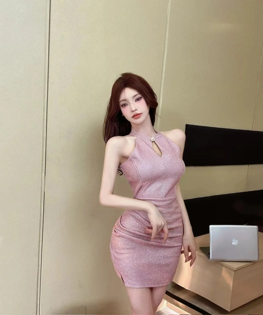 Jielur Purple Sexy Chain Tight Hip Chic Female Dresses Solid Color Hollow Out Sleeveless Y2k Fashion Women's Dress Party Club