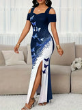 Summer Long Dress Elegant Fashionable Slim-fitting Printed Commuting Style V-neck Off-shoulder Slit Mid-waist Sleeveless Dresses