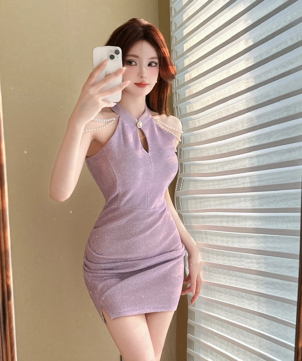 Jielur Purple Sexy Chain Tight Hip Chic Female Dresses Solid Color Hollow Out Sleeveless Y2k Fashion Women's Dress Party Club