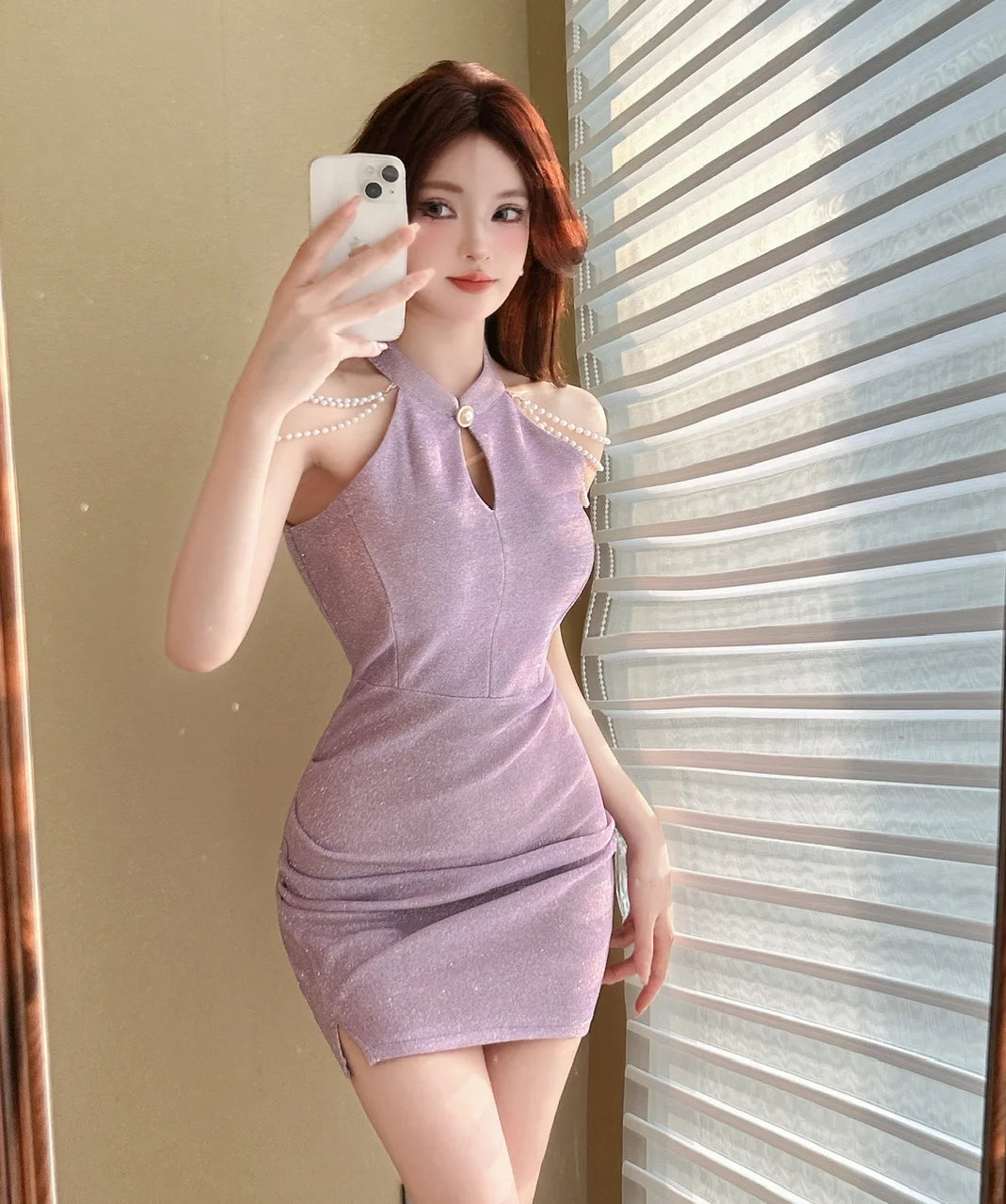 Jielur Purple Sexy Chain Tight Hip Chic Female Dresses Solid Color Hollow Out Sleeveless Y2k Fashion Women's Dress Party Club