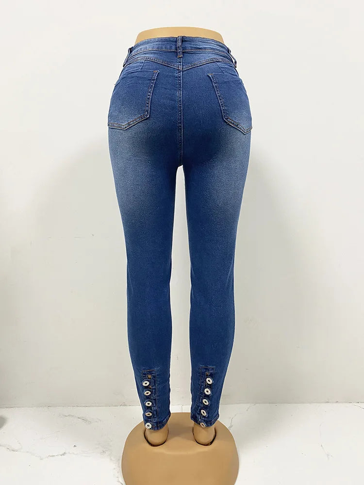 2026 Jeans Pencil Pants Women Denim Stretch High Waist Skinny Distressed Ripped Washed Pocket Button Vintage Trousers Streetwear