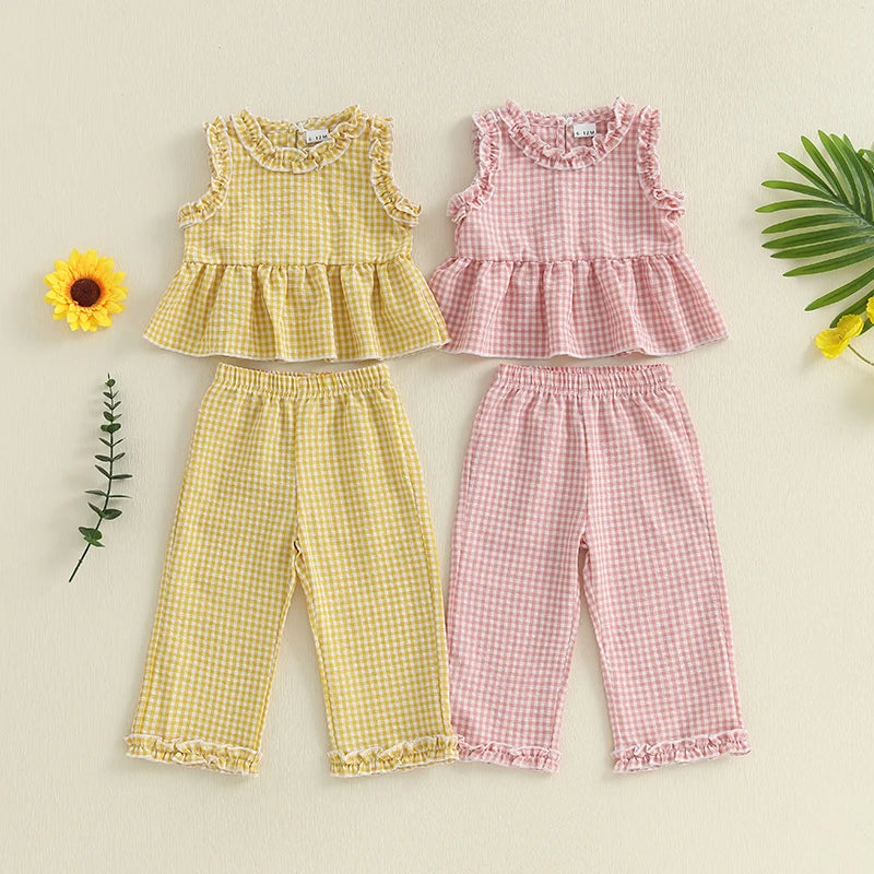 Toddler Kid Girls Summer Clothes Children Outfit Sets Plaid Frill Trim Sleeveless Ruffle Tank Tops Elastic Waist Pants Suit