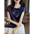 S-4XL Solid Silk Thin Short Sleeve Tees Slip Woman Summer Clothes Elegant Black Brown Tops Solid Loose Casual Korean Style