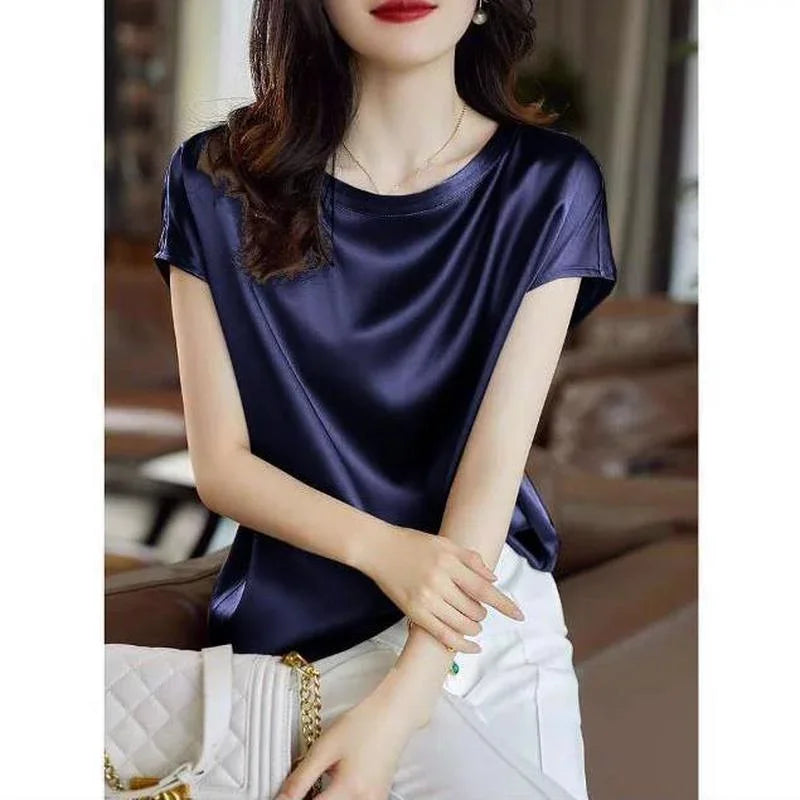 S-4XL Solid Silk Thin Short Sleeve Tees Slip Woman Summer Clothes Elegant Black Brown Tops Solid Loose Casual Korean Style