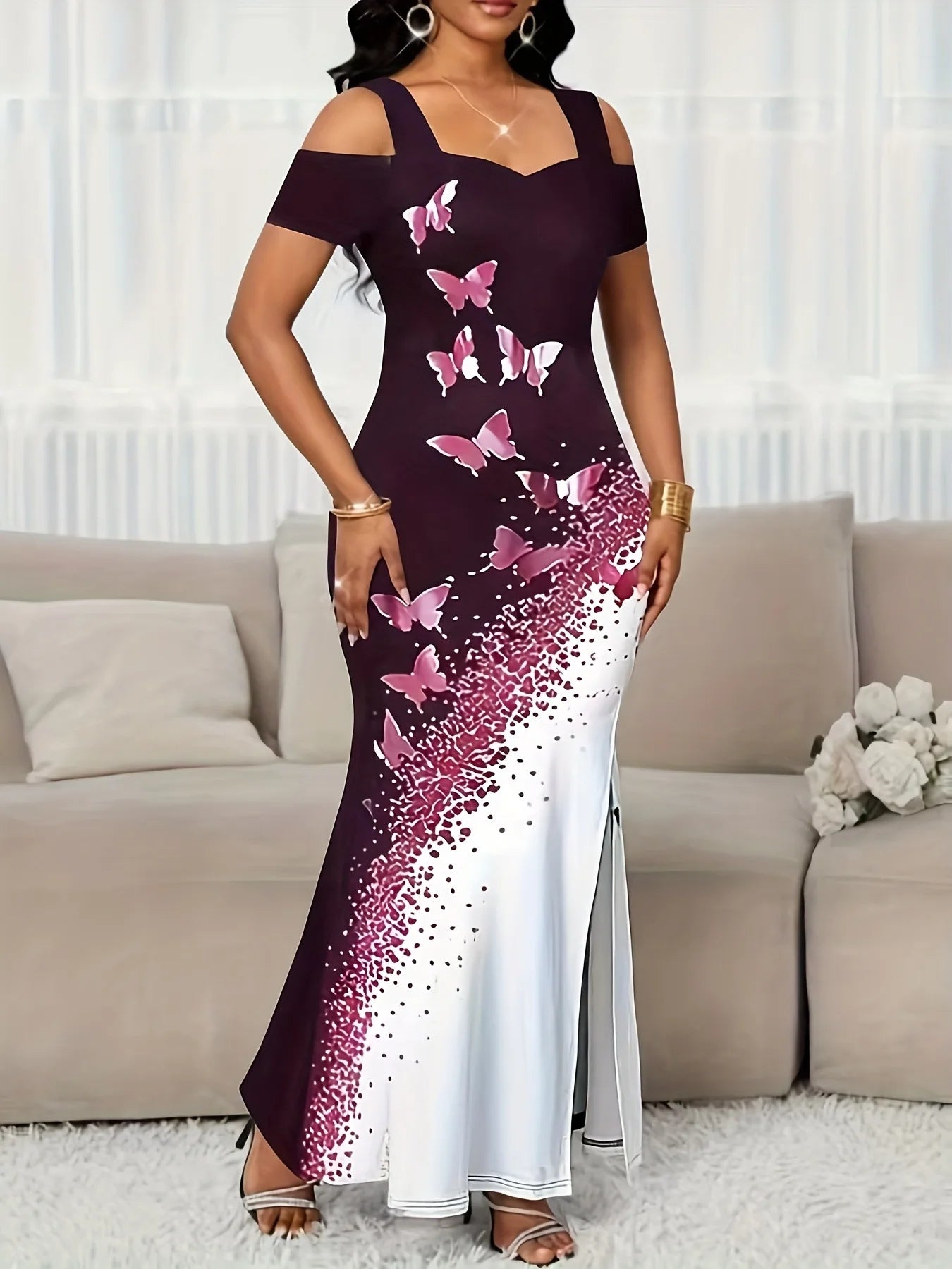 Slit Dress Vestidos Dresses 2025 Woman Women's Clothing Butterfly Printed Contrast Off Shoulder Sleeveless Elegant Temperament