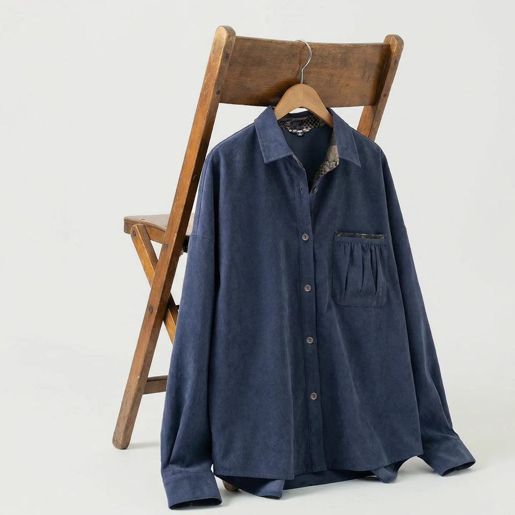 Maden Women’s Boro Vintage Long Sleeve Shirt Jacket Loose Fit Lapel Single Breasted Casual Spring Outerwear Dark Blue TOP