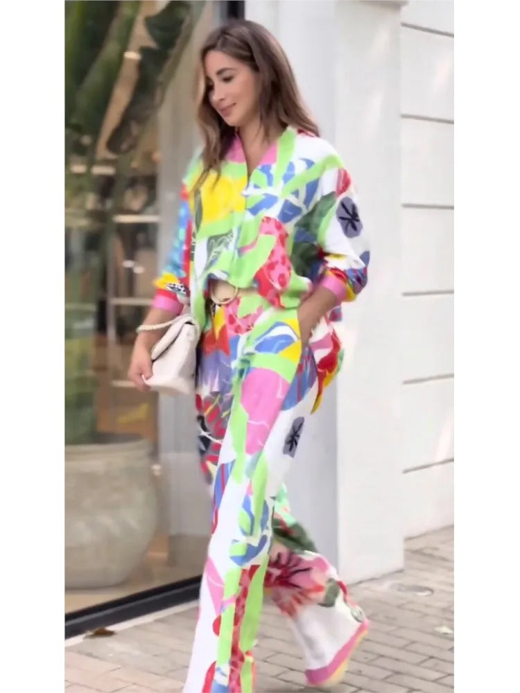 Fashion Color Print Two Piece Set Women Trendy Loose Long Sleeve Shirts Wide Legs Trousers 2 Piece Set Female Commuting Suits