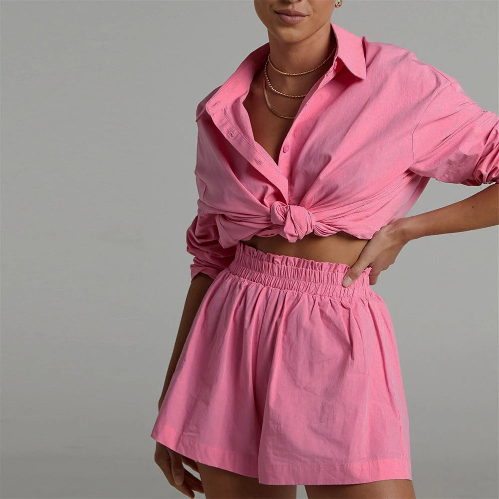 Women Tracksuits Shirt With Mini Shorts Cotton Two Pieces Sets Fashion Clothing Outfits Women Blouses Fashion Tracksuits