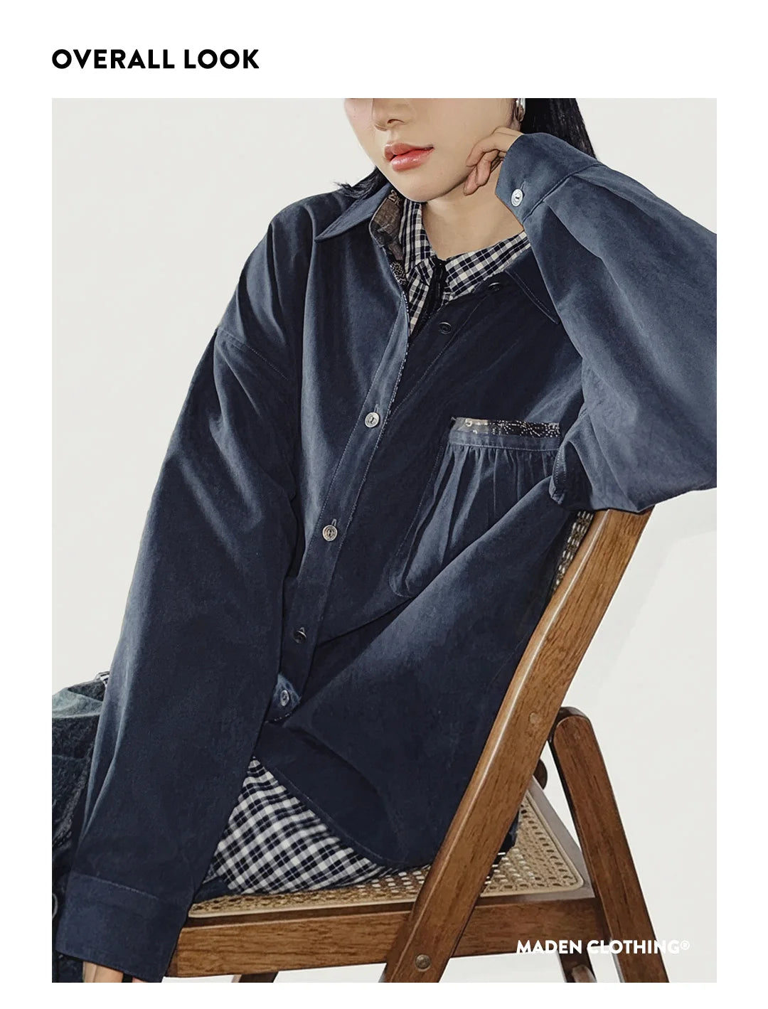 Maden Women’s Boro Vintage Long Sleeve Shirt Jacket Loose Fit Lapel Single Breasted Casual Spring Outerwear Dark Blue TOP