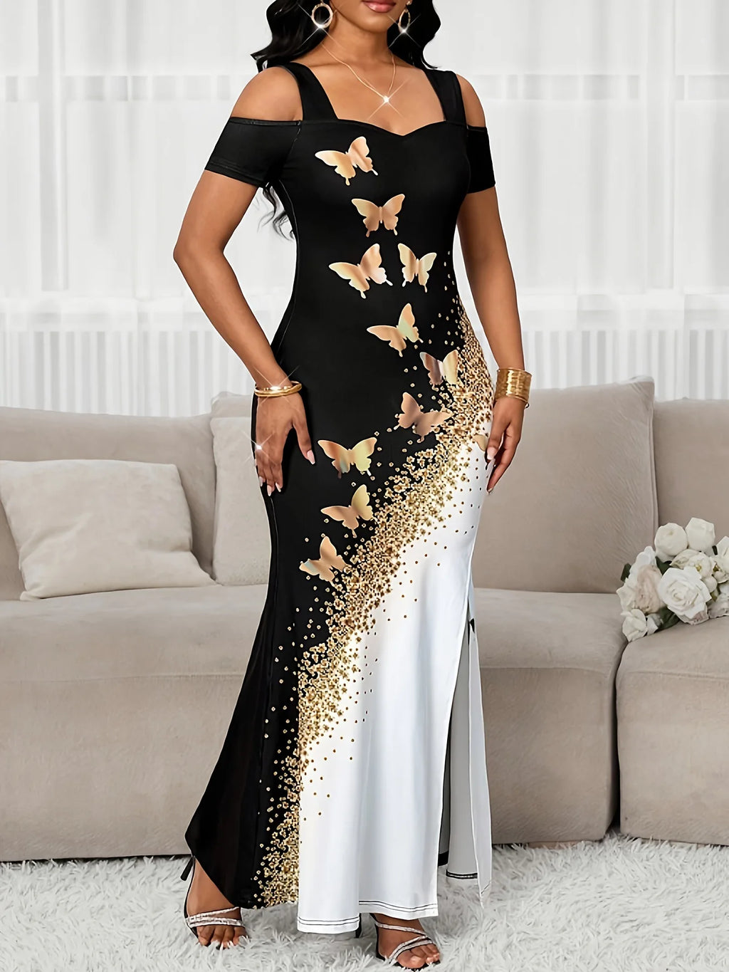Slit Dress Vestidos Dresses 2025 Woman Women's Clothing Butterfly Printed Contrast Off Shoulder Sleeveless Elegant Temperament