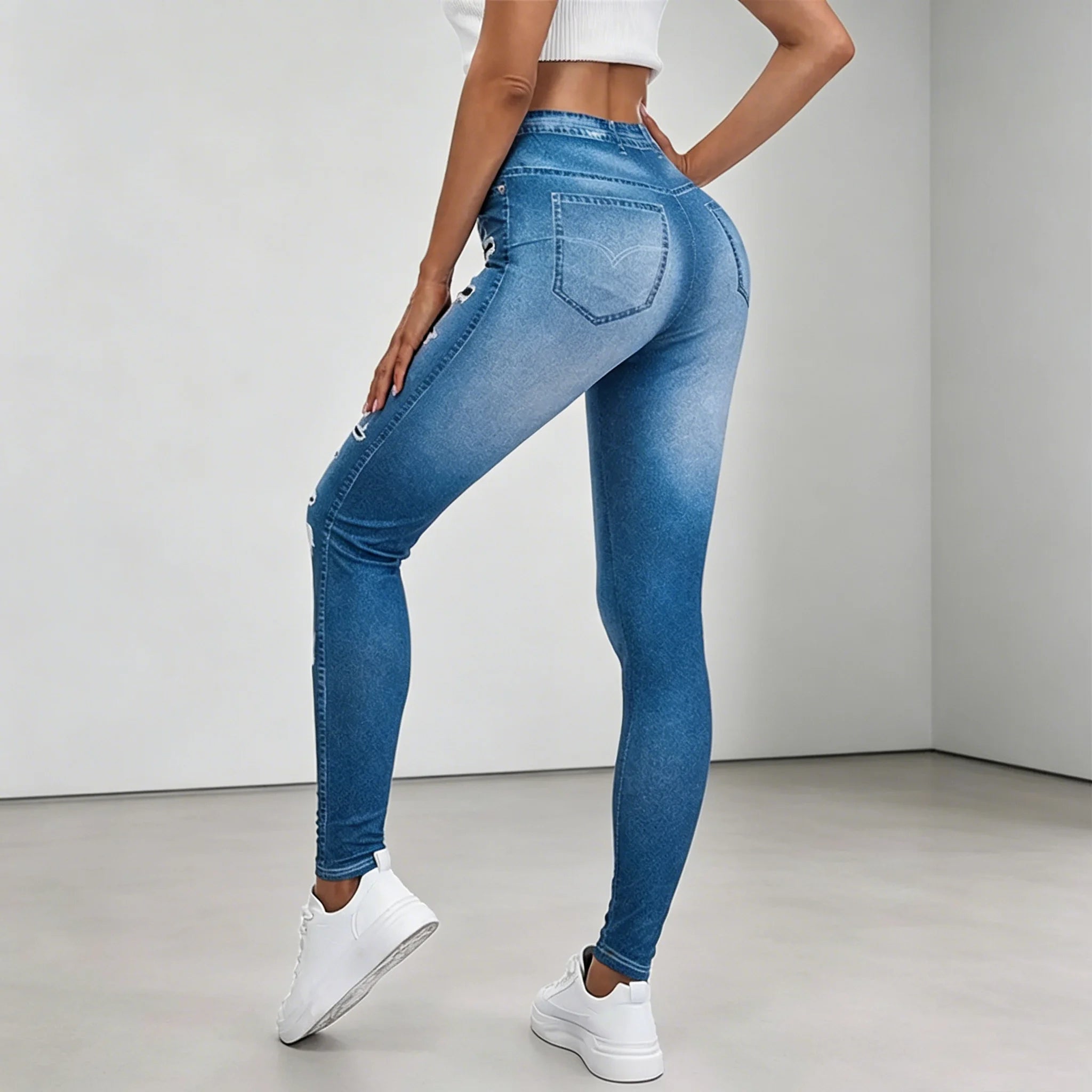 Spring Women's High Waisted Imitation Denim Printed Leggings Non-Denim Fabric Casual Skinny Pants Outdoor Sports Yoga Pants