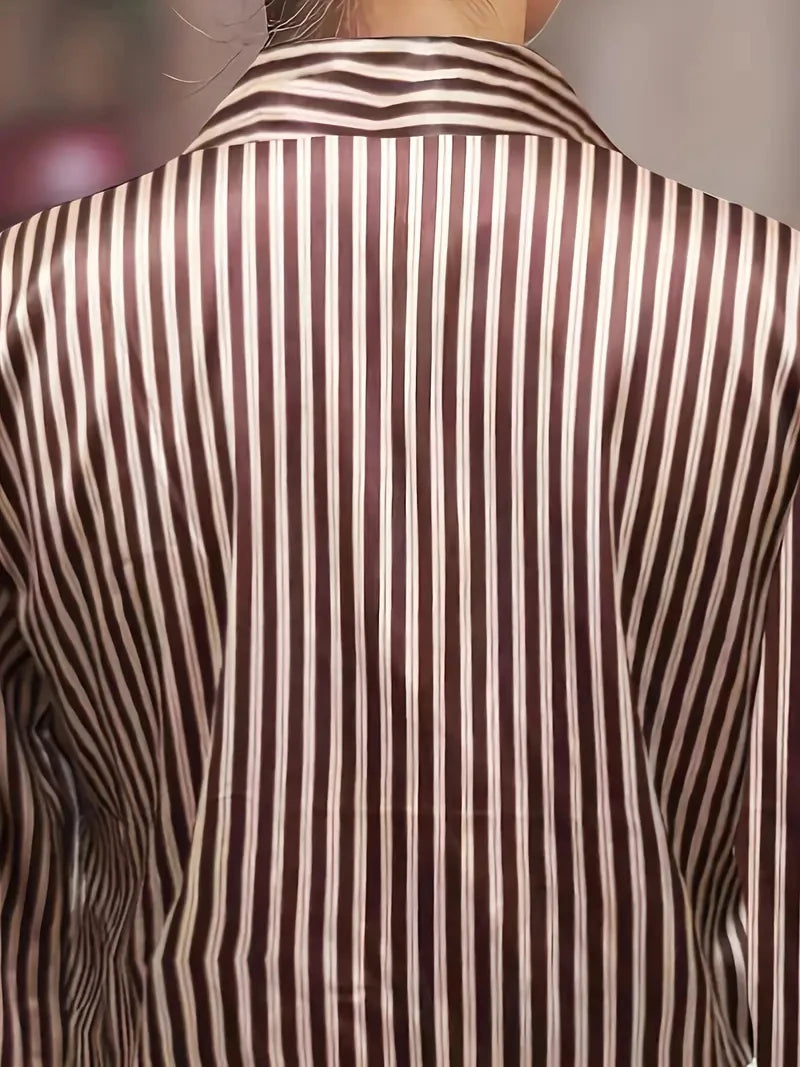Elegant Satin Striped Long Sleeve Button Down Shirt for Women Vintage Style Office Wear Top