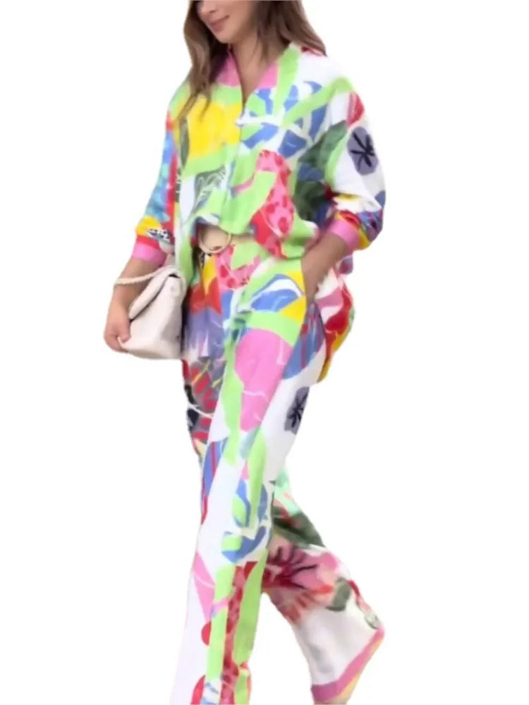 Fashion Color Print Two Piece Set Women Trendy Loose Long Sleeve Shirts Wide Legs Trousers 2 Piece Set Female Commuting Suits