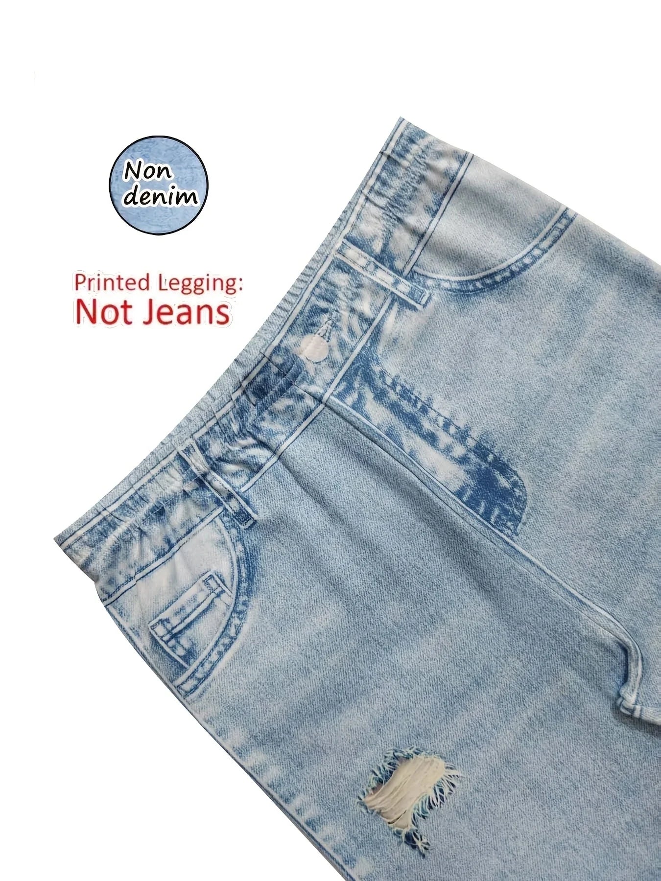 Non-Denim Women's Imitation Denim Printed Capri Leggings, Soft Breathable Slim Fit 7/8 Pants, Casual Sports Yoga Beach Vacation