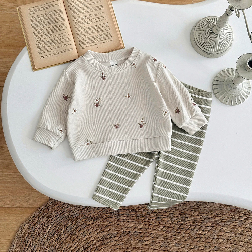 Baby Girl Clothes New Design Fashion Spring Fall Floral Embroidery Top+Casual Striped Pant Sets Baby Clothes for Newborn