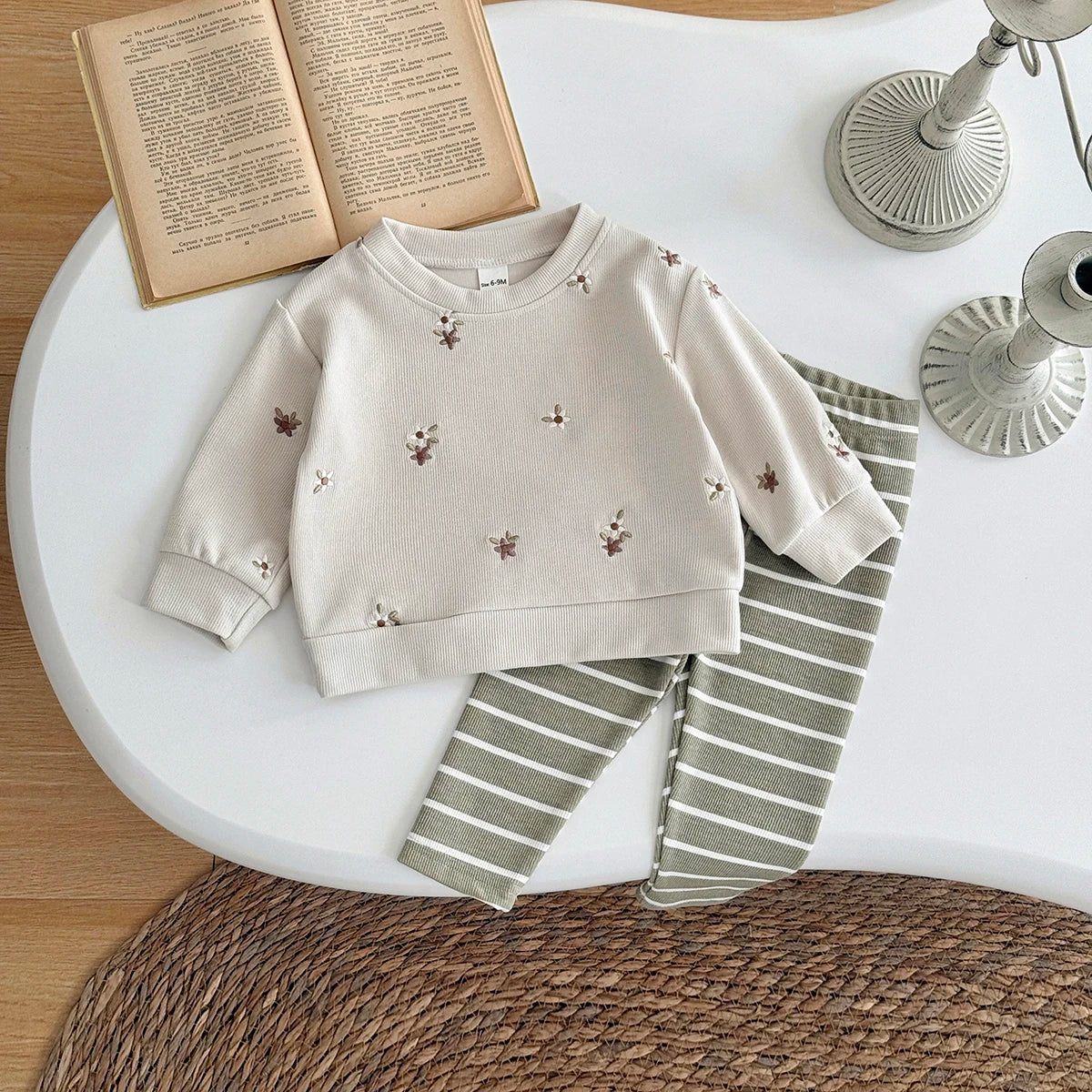 Baby Girl Clothes New Design Fashion Spring Fall Floral Embroidery Top+Casual Striped Pant Sets Baby Clothes for Newborn