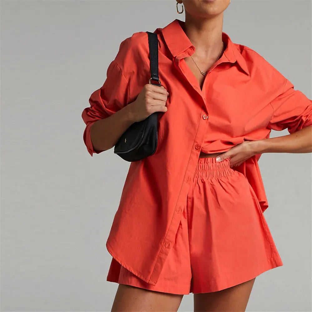 Women Tracksuits Shirt With Mini Shorts Cotton Two Pieces Sets Fashion Clothing Outfits Women Blouses Fashion Tracksuits