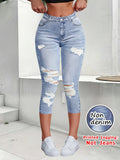 Non-Denim Women's Imitation Denim Printed Capri Leggings, Soft Breathable Slim Fit 7/8 Pants, Casual Sports Yoga Beach Vacation