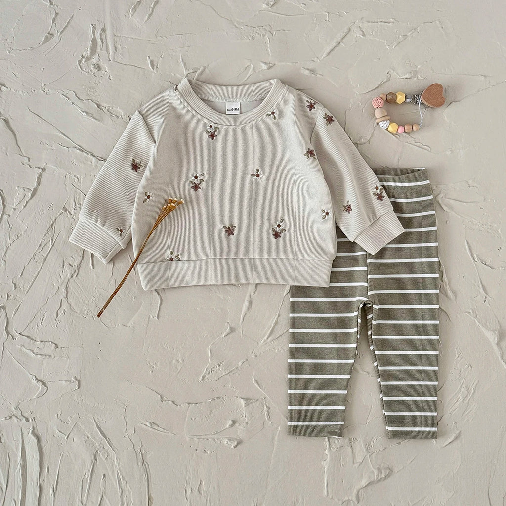 Baby Girl Clothes New Design Fashion Spring Fall Floral Embroidery Top+Casual Striped Pant Sets Baby Clothes for Newborn