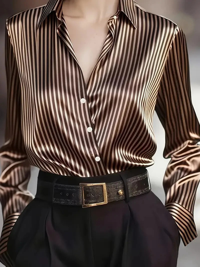 Elegant Satin Striped Long Sleeve Button Down Shirt for Women Vintage Style Office Wear Top
