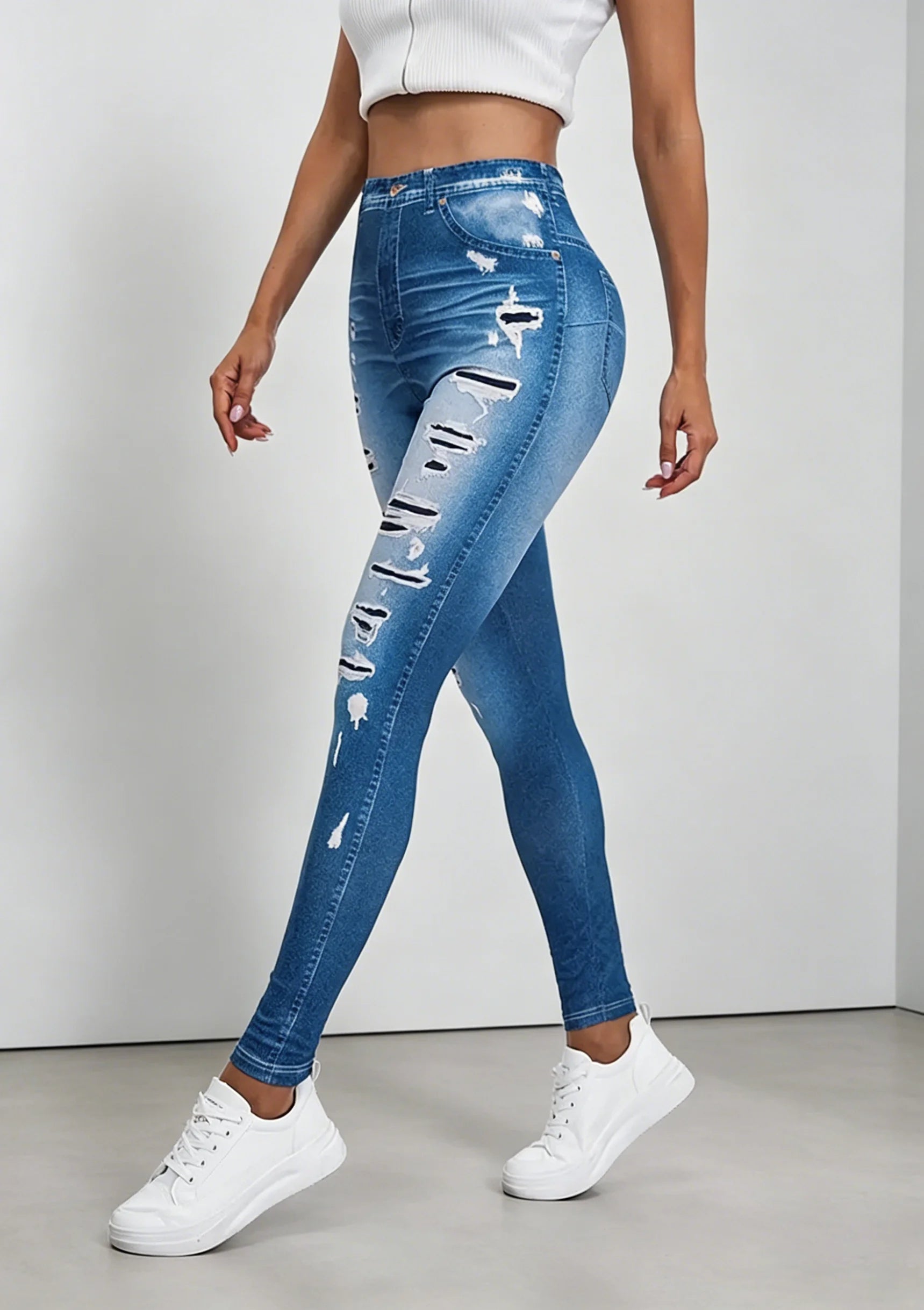 Spring Women's High Waisted Imitation Denim Printed Leggings Non-Denim Fabric Casual Skinny Pants Outdoor Sports Yoga Pants