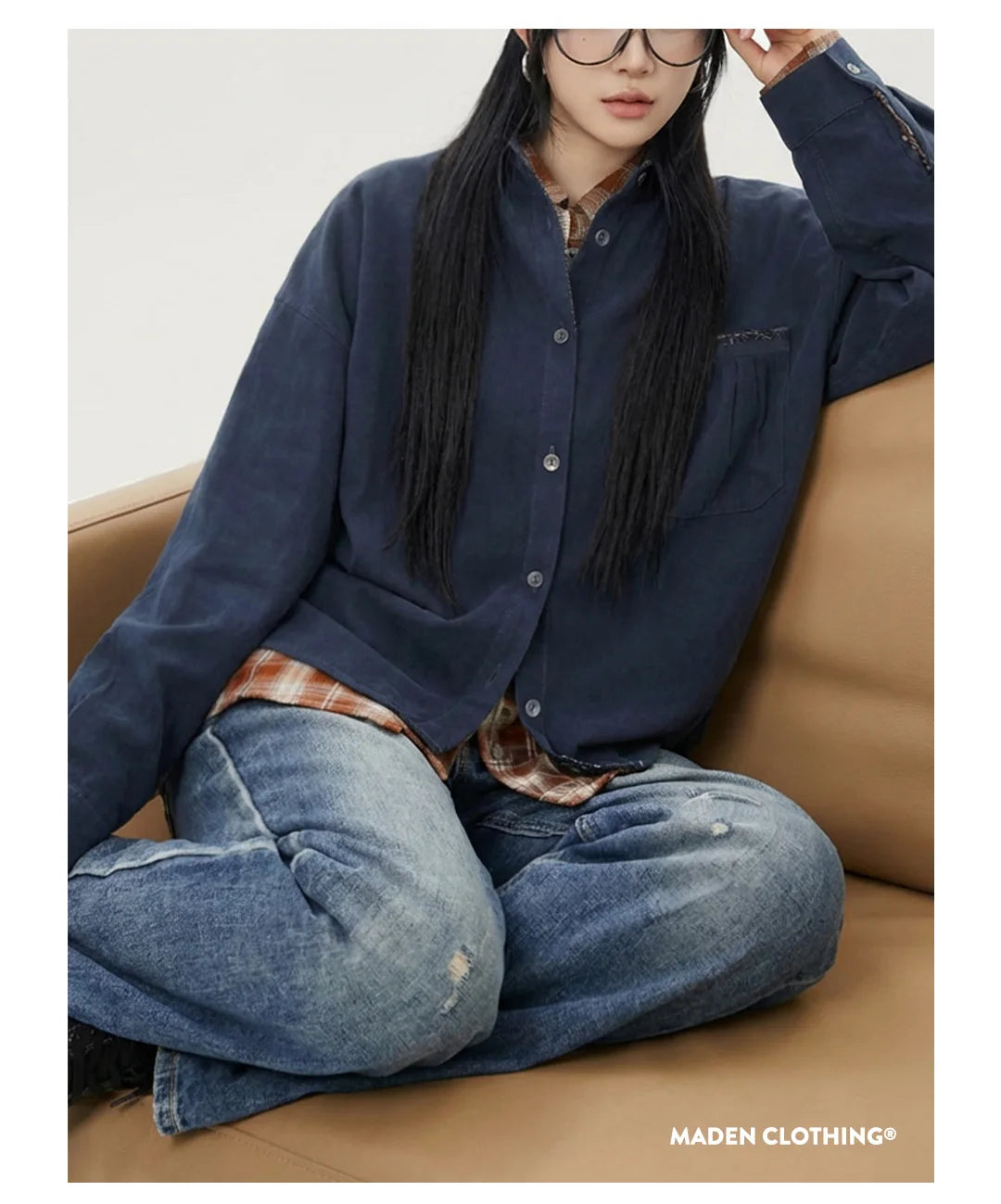 Maden Women’s Boro Vintage Long Sleeve Shirt Jacket Loose Fit Lapel Single Breasted Casual Spring Outerwear Dark Blue TOP