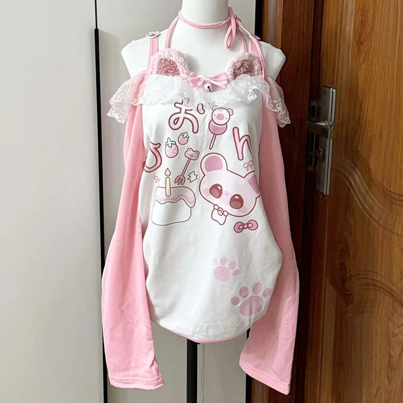 Women clothing Kawaii arcane Anime Printed T-shirt Autumn New Subculture Pink Long-sleeved T Shirt Fashion Halter Design Sense