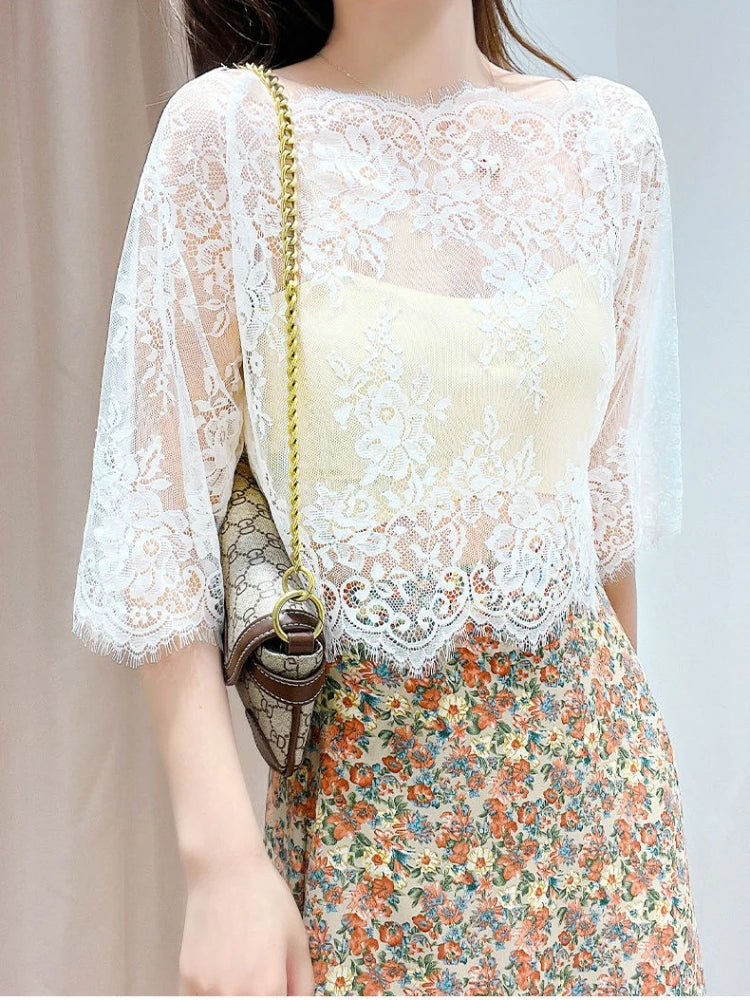 Summer Women Lace Floral Embroidery Blouses Shirt Ladies Tops Sexy Mesh Blouses Transparent Elegant See-through Black Shirt
