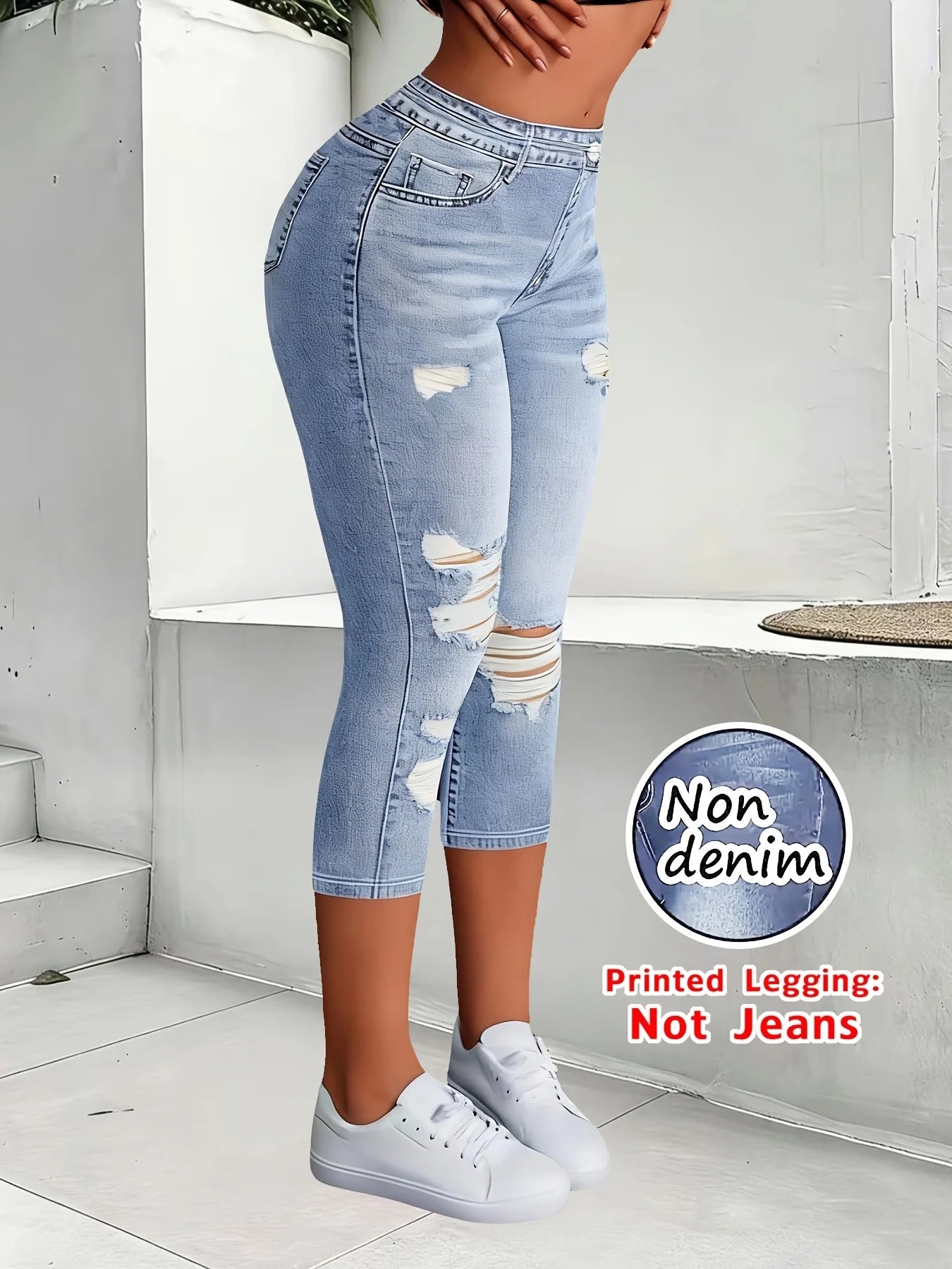 Non-Denim Women's Imitation Denim Printed Capri Leggings, Soft Breathable Slim Fit 7/8 Pants, Casual Sports Yoga Beach Vacation