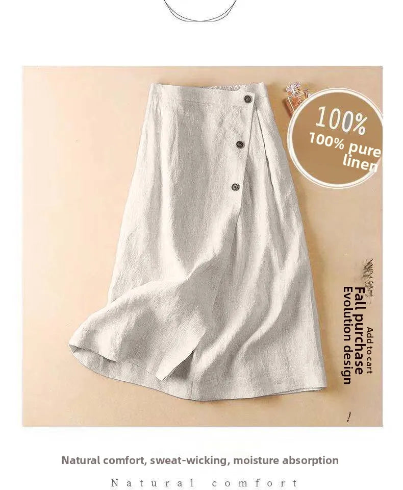 High-End Cotton Linen A-Line Midi Skirt Women's plus Size Loose Slimming Casual Artistic Style Summer Skirts for plus Size