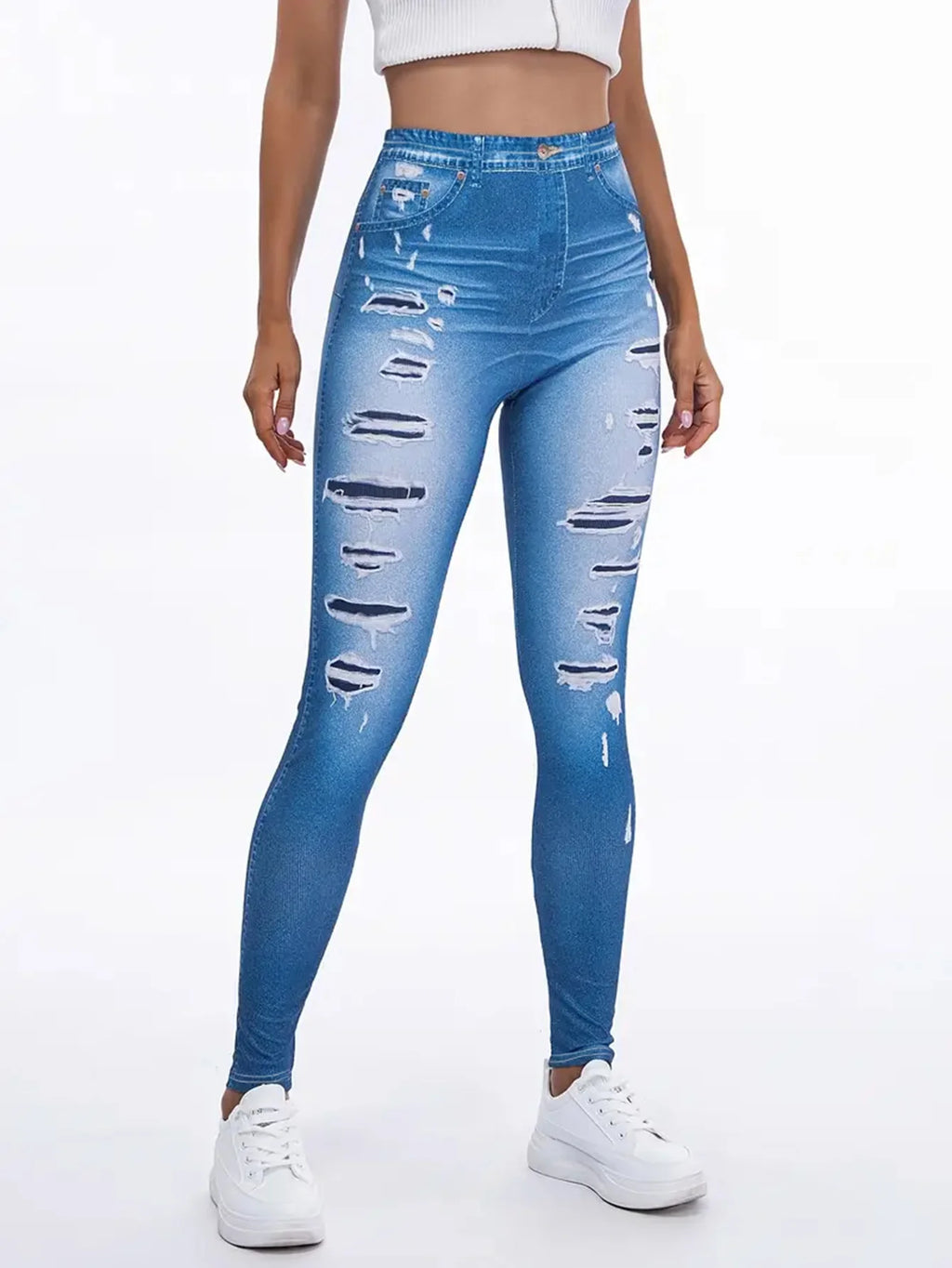 Spring Women's High Waisted Imitation Denim Printed Leggings Non-Denim Fabric Casual Skinny Pants Outdoor Sports Yoga Pants